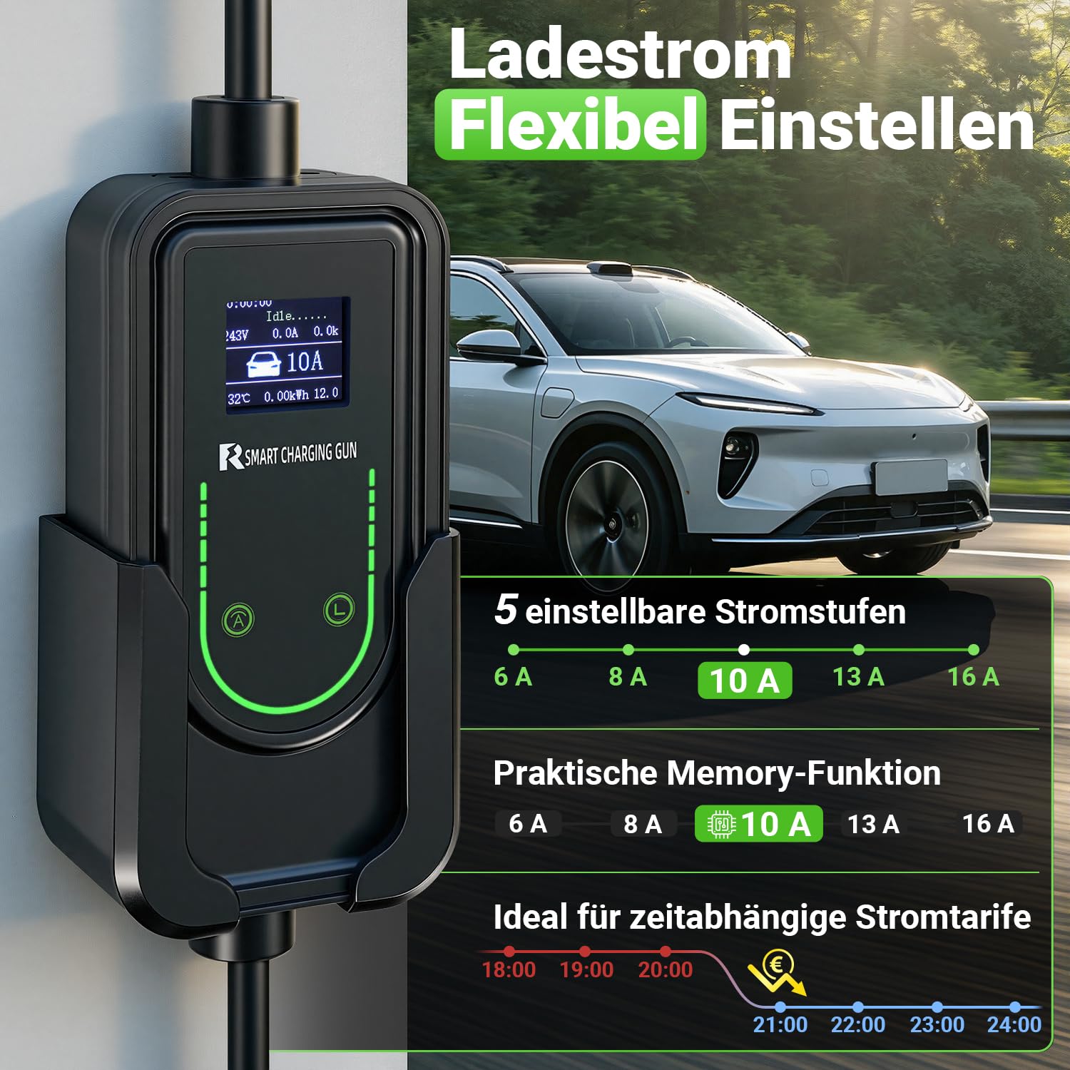 Cargador EV 3,5 kW, tipo 2,6 m, 6 – 16 A, Schuko, 1 fase, Mobile
