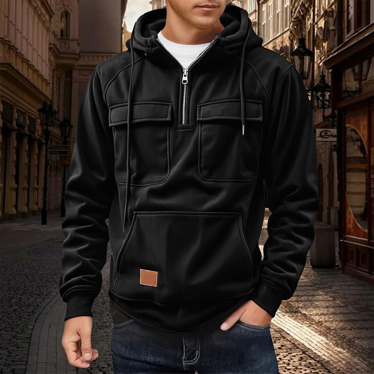 Cargo Hoodies for Men Tactical Sweatshirt Corduroy Quarter Zip Cargo Pullover Hoodies Workout Gym Fashion Hoodie