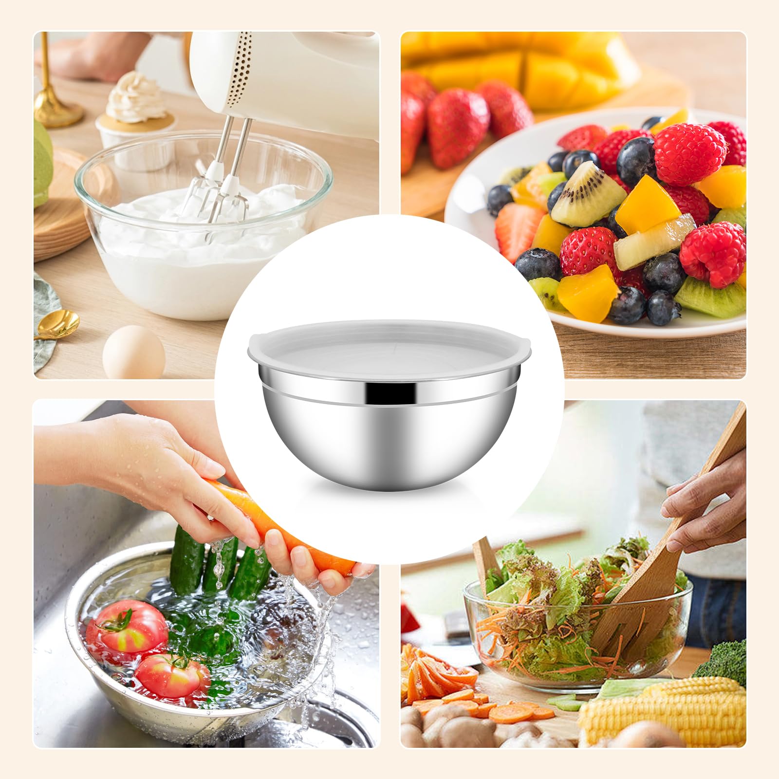 Tazoni per mescolare con coperchio, ciotole per mescolare con coperchio, set di 5 insalatiere in acciaio inox, ciotole di metallo per cucinare, preparare, servire (trasparente)