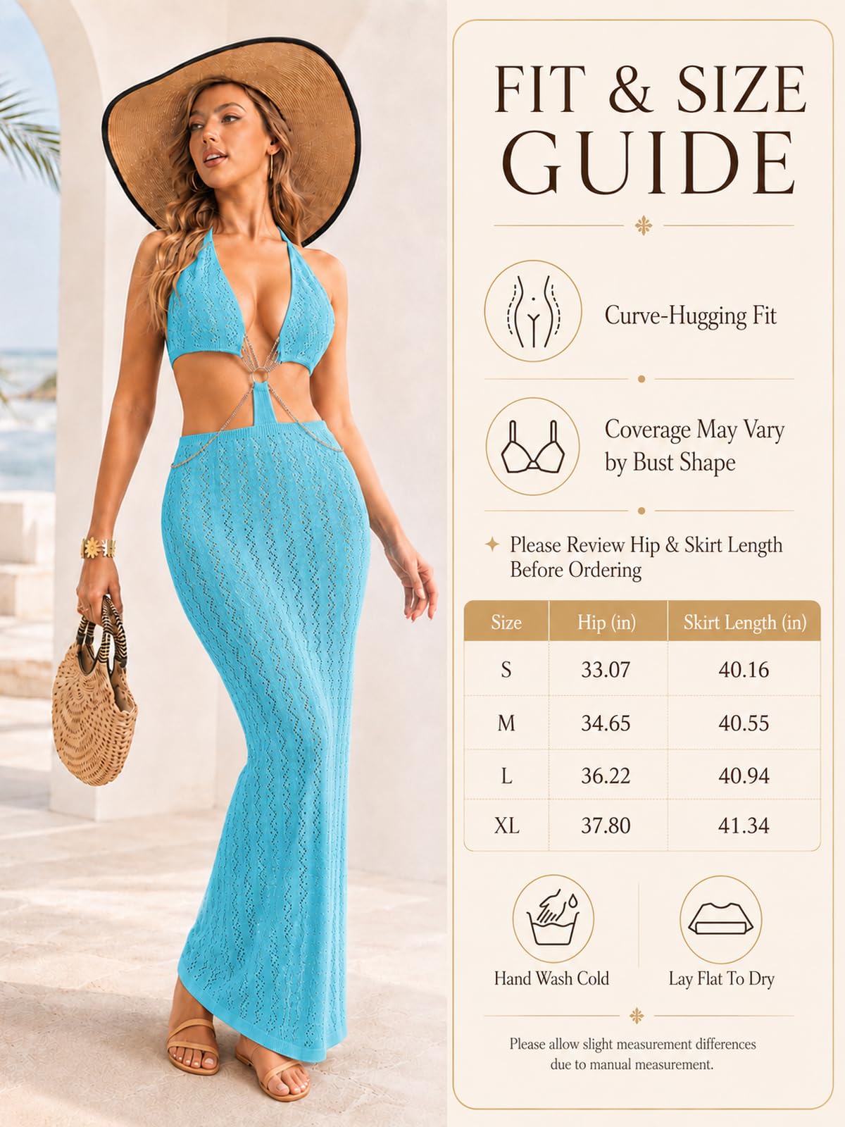 Angsuttc Häkel-Maxikleid mit Neckholder-Ausschnitt für den Strand | Durchsichtiger Häkelstrick, Metallring und Kettendetail, verstellbarer Raffhalter, Badeanzugkleid für Strandurlaub