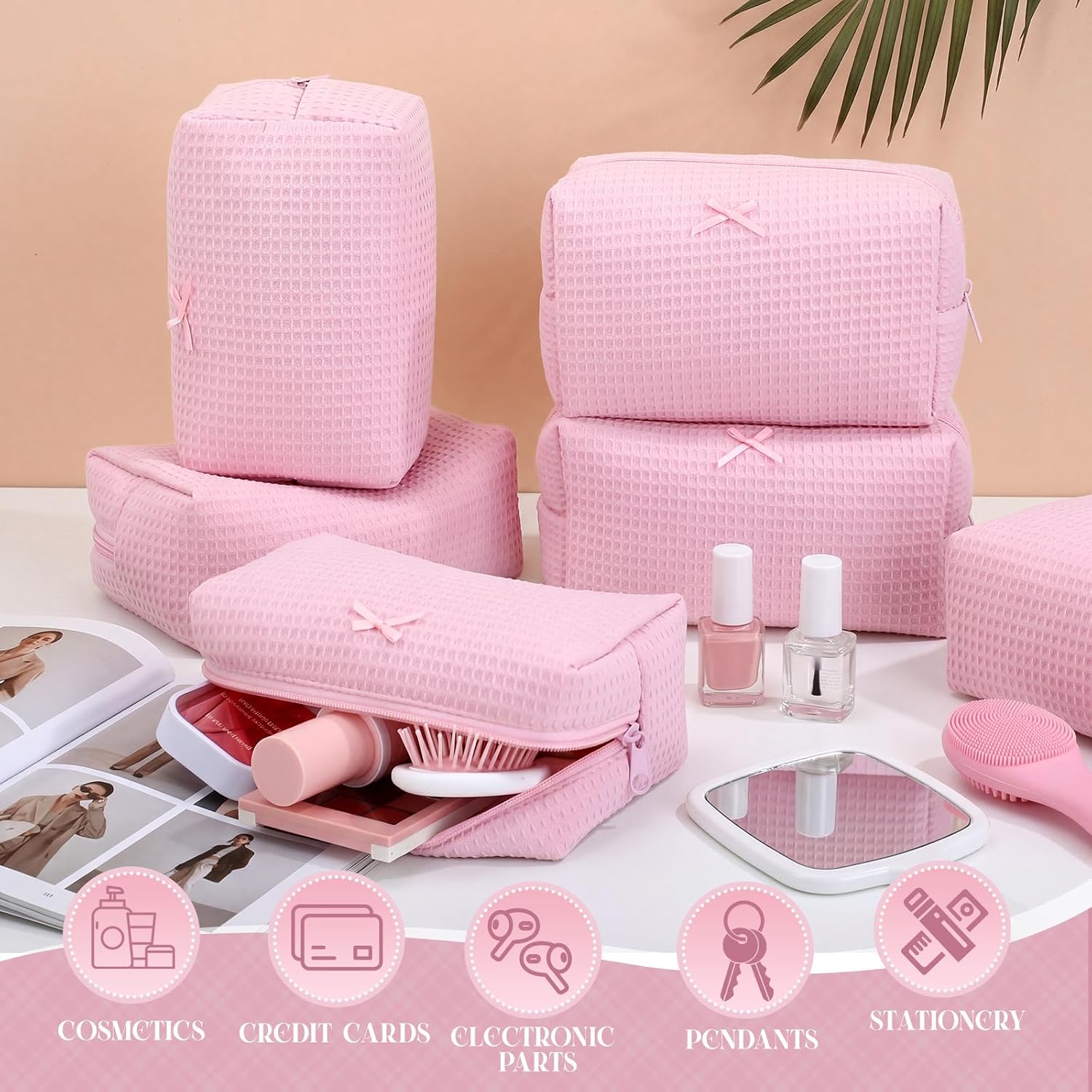 Gilprop 6 Pcs Makeup Bag Gifts for Women Cute Aesthetic Cozy Portable Travel Waffle Toiletry Bag Soft Wedding Cosmetic Organizer Summer Large Zipper Pouch with Zipper for Bridesmaid Friend(Pink)