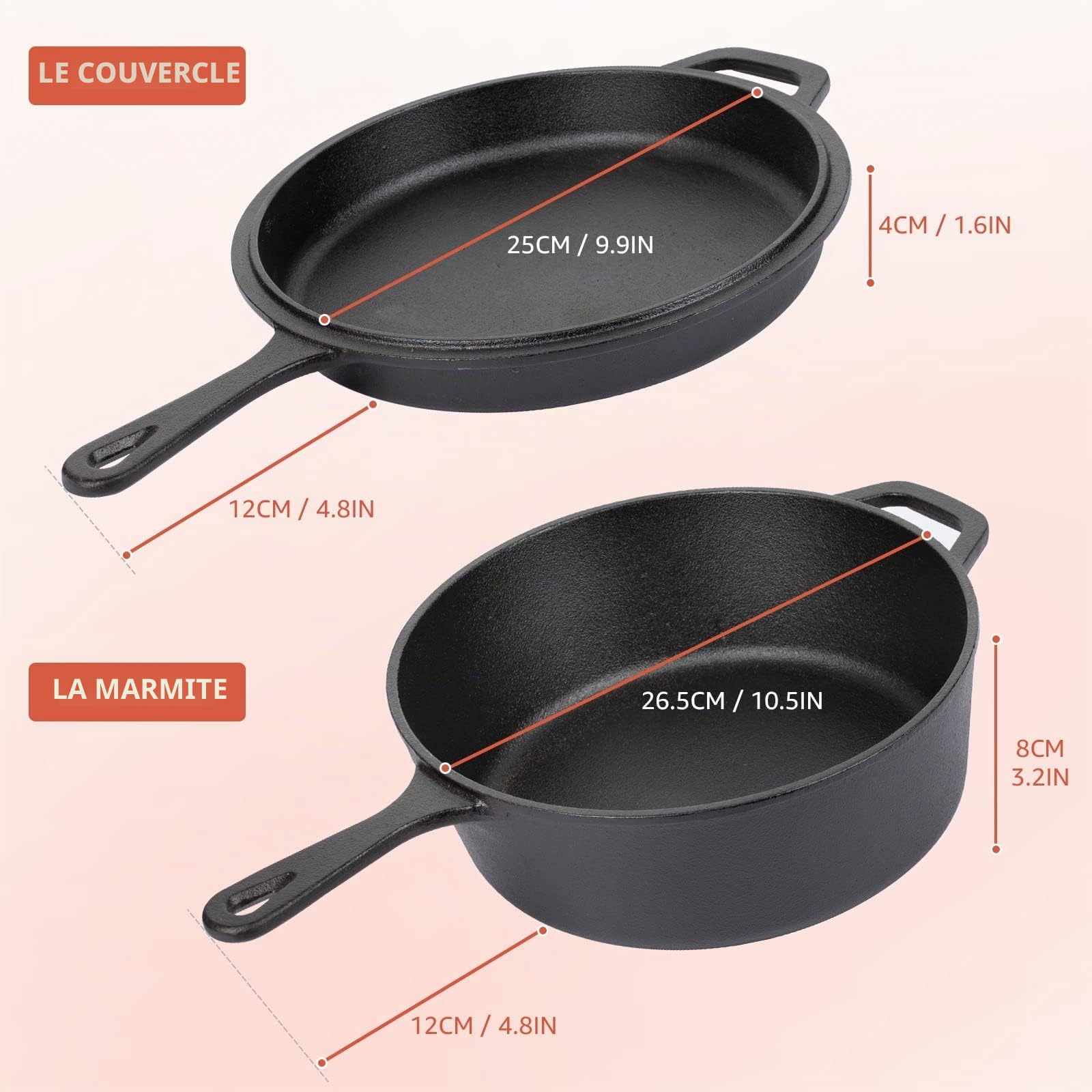 Overmont Dutch Oven Pot en Fonte Prêt à l'emploi Couvercle/Poêle à Double Fonction avec Recette E-book pour Cuisine Camping Garden BBQ (26x8cm - Long Manche) Modèle : OV009