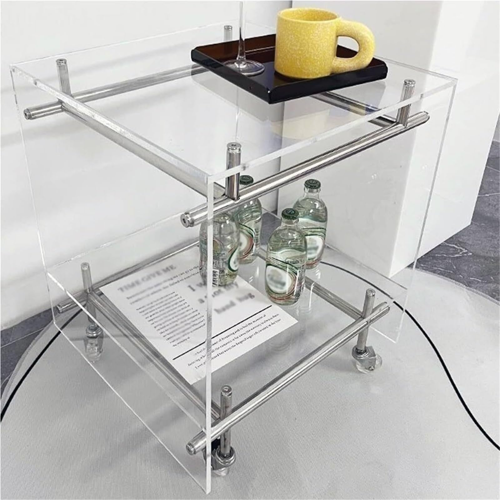 SXZenSpace 2 Tier Clear Side Table with Wheels Movable Small Coffee Tables Acrylic End Nightstand for Home Living Room Solid Construction(Clear)