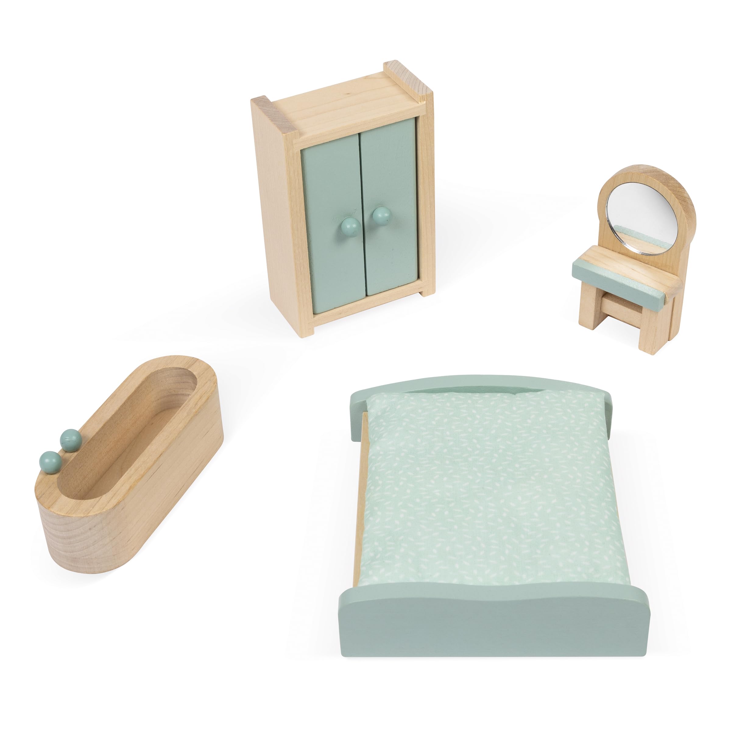 Janod - La mia Prima casa delle Bambole in Legno - 10 Accessori - Mobili per Bambole - Porte magnetiche e Tetto Rimovibile - Giocattolo in Legno FSC - dai 3 Anni