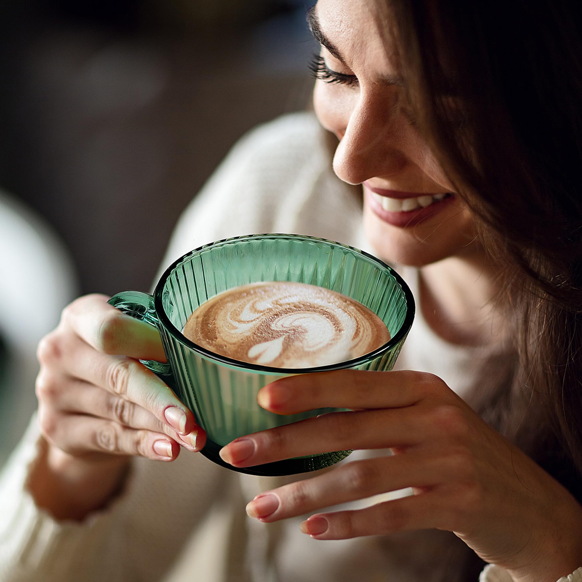 Joeyan 400ml Tazze da Caffè in Vetro,Set di 2 Verde Tazza con cucchiaino,Bicchieri a Coste per espresso Demitasse, Cappuccino Latte Tè,Latte, Cereali, Gelato, Yogurt, Lavabili in Lavastoviglie