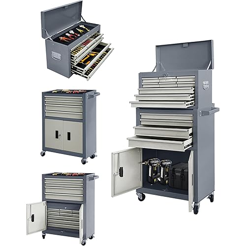 13-Drawer Double Door Handles Rolling Tool Chest, 2 in 1 Detachable Rolling Tool Chest, Large Tool Box with Drawers, Large Lockable Tool Cabinet, Moblie Standing Toolbox for Garage Workshop-Gray
