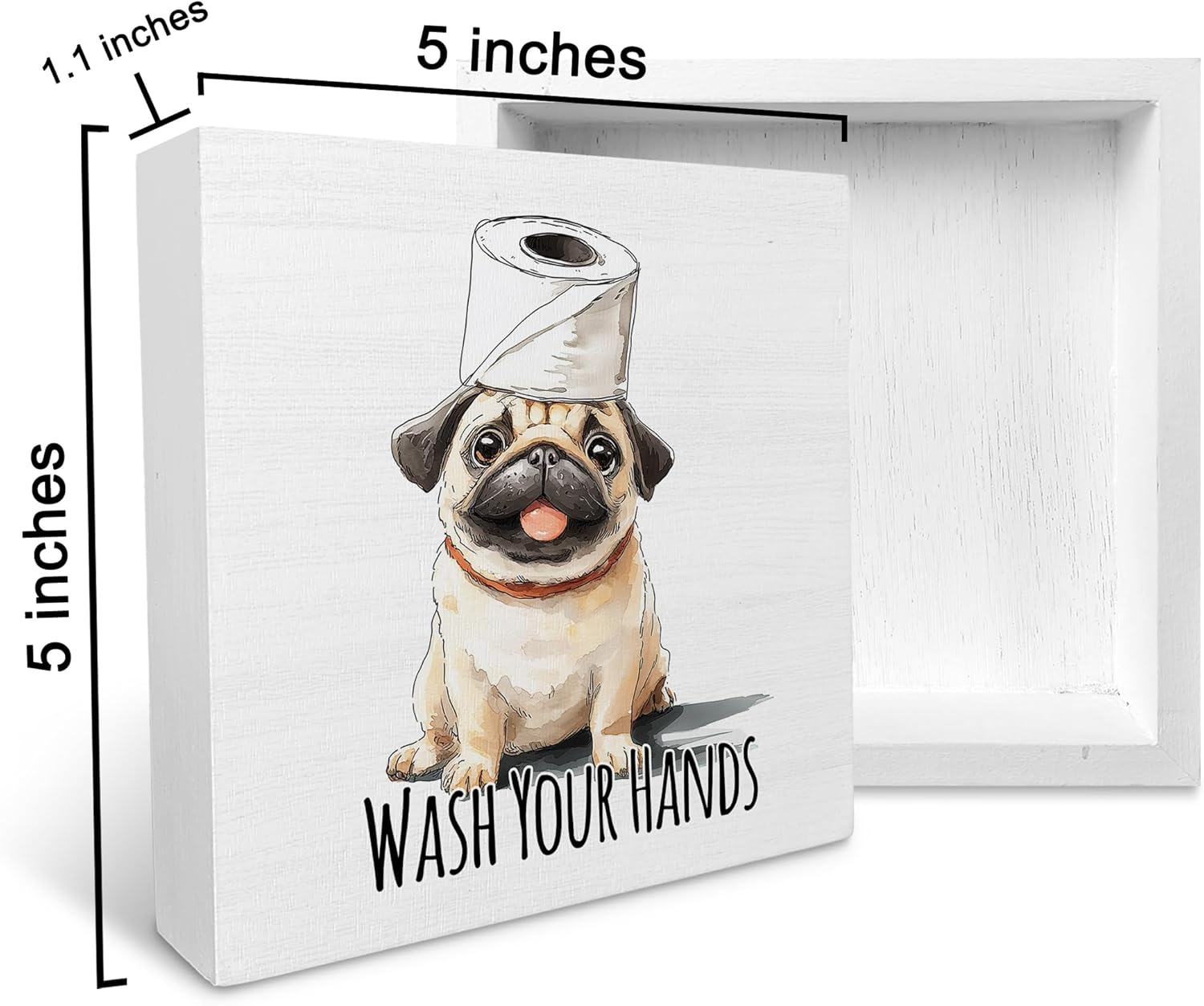 KU-DaYi Funny Dog Pug Bathroom Wooden Box Sign, Wash Your Hands Sign Bathroom Decor, Pug Desk Accessories for Dog Lovers Wooden Block Plaque Desk Shelf Decor 5x5 Inch - Image 3