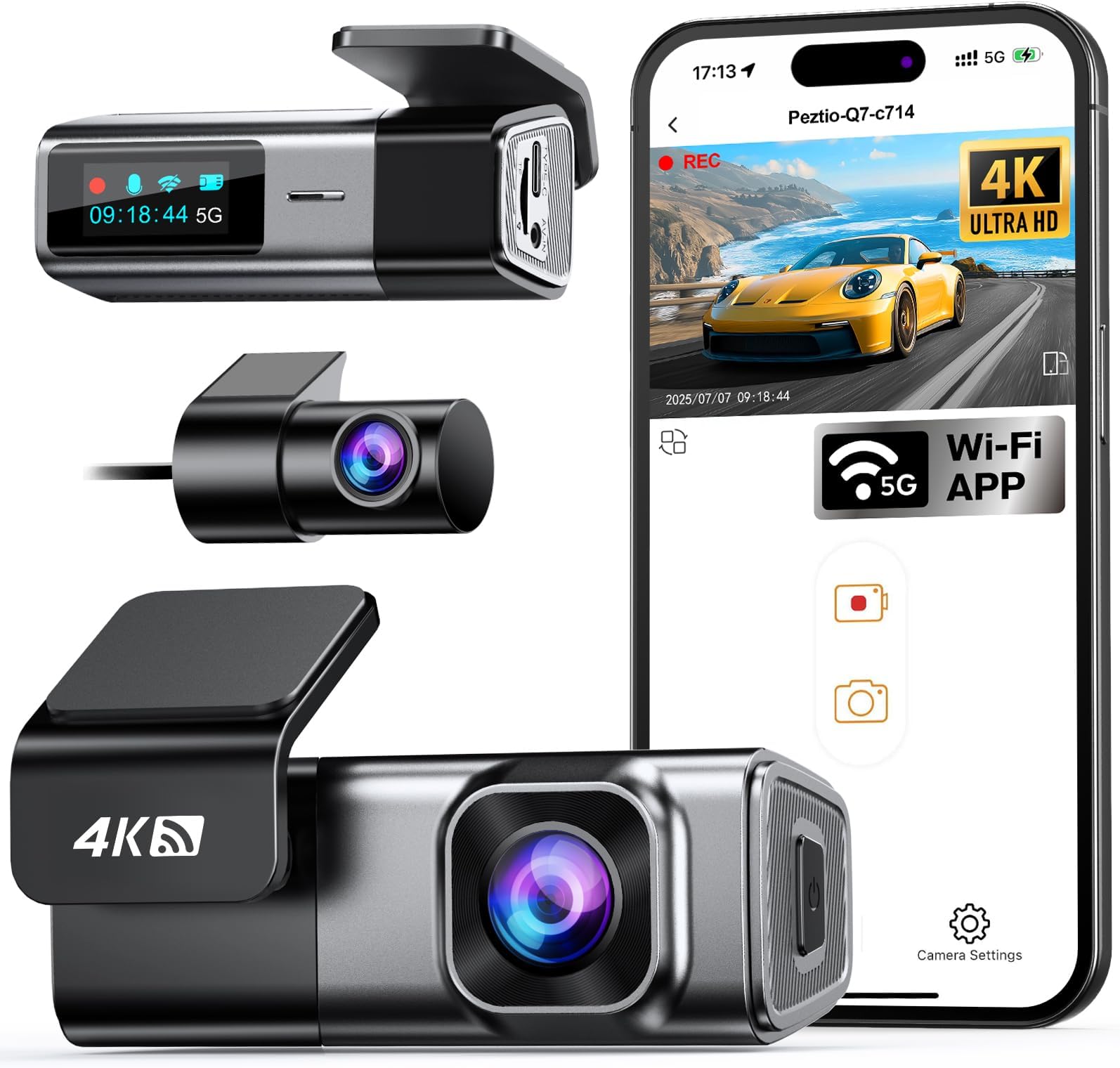 Navycrest 4K Dash Cam Front and Rear with 64GB Card, Built-in 5G WiFi, Dash Camera for Cars 4K Front and 1080P Rear, Dashcams for Cars Loop Recording, Gravity Sensor, 24-Hours Parking Mode