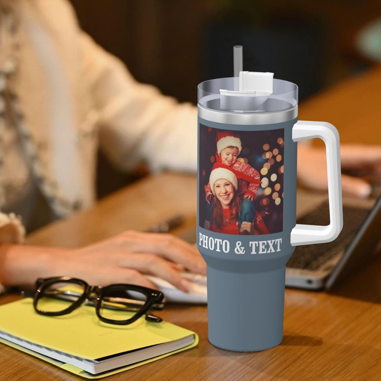 Custom 40 oz Tumbler with Handle, Personalized Photo Cups Stainless Steel Vacuum Insulated Water Bottle Creative Gifts for Christmas, Anniversary, Teal Color