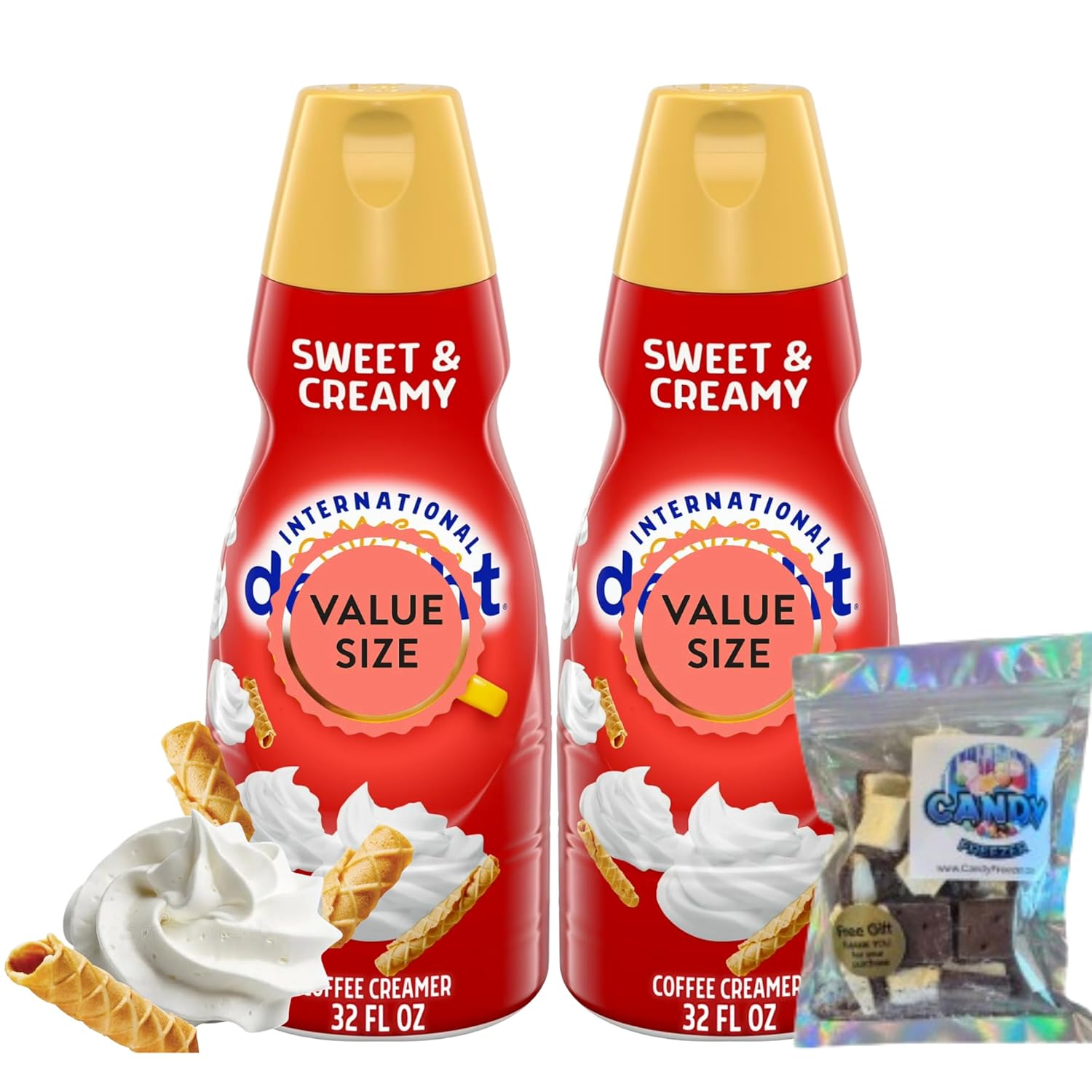 Sweet & Creamy Liquid Coffee Creamer.- Two (2) 32 fl oz Bottles of Creamy Smooth Delightful Coffee Creamer with Candy Freezer 1 oz Freeze Dried Ice Cream Bites (Sweet & Creamy) Candy