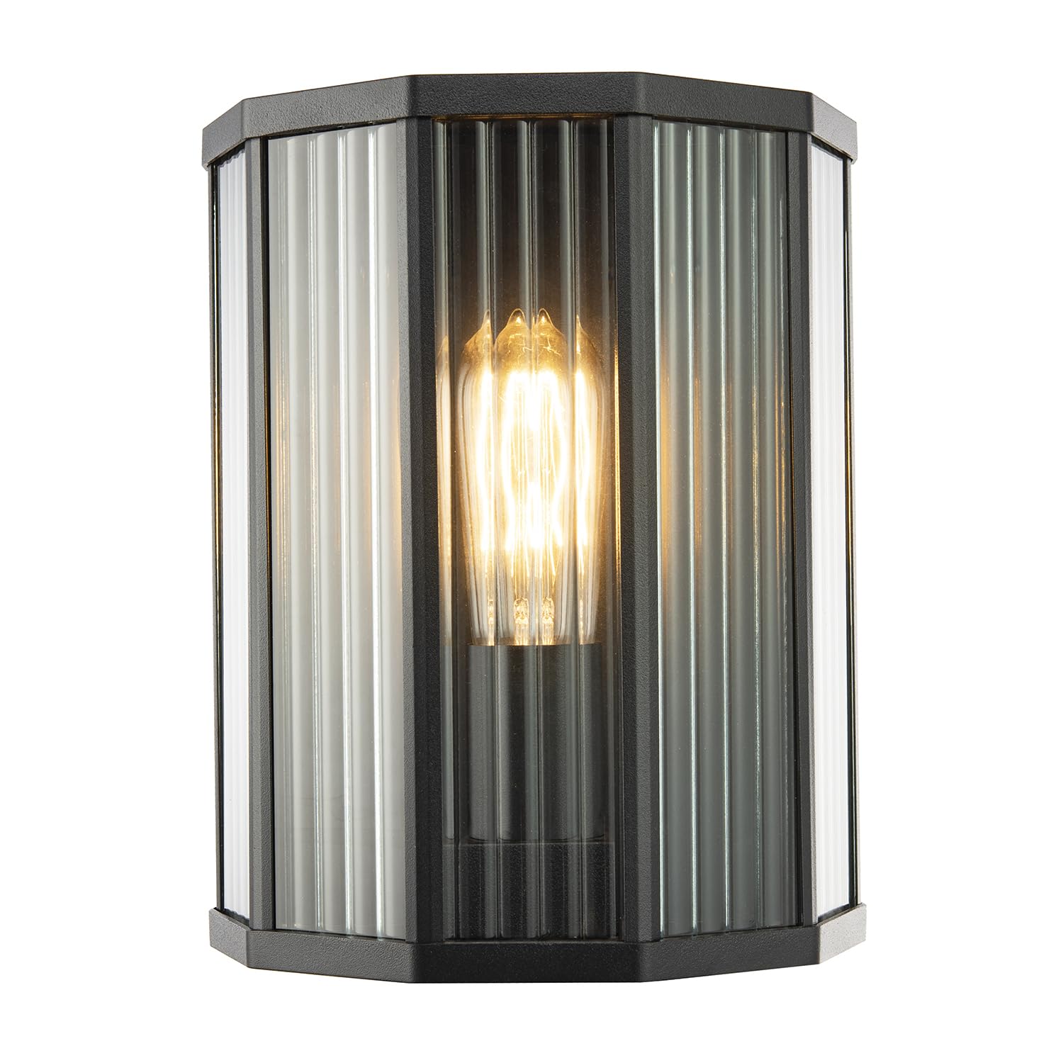 Happy Homewares Contemporary Outdoor Garden Half Lantern Wall Lamp with Clear Ribbed Glass Panels IP44 Rated | 1 x 11w | 26cm x 21cm x 11cm