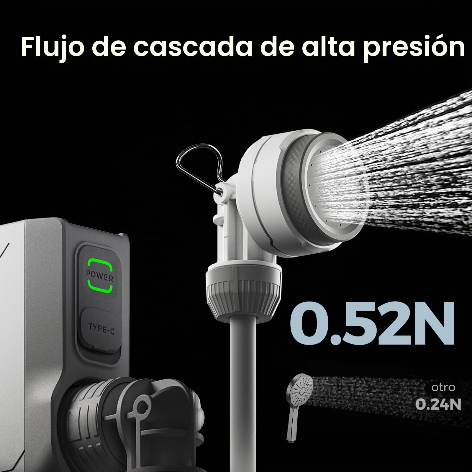FLEXTAILGEAR Tiny Shower - Ducha portátil de camping con bomba, manguera de 2,2 m, carga USB-C y dos modos de flujo de ahorro de agua, para jardín, viajes, playa y mascotas