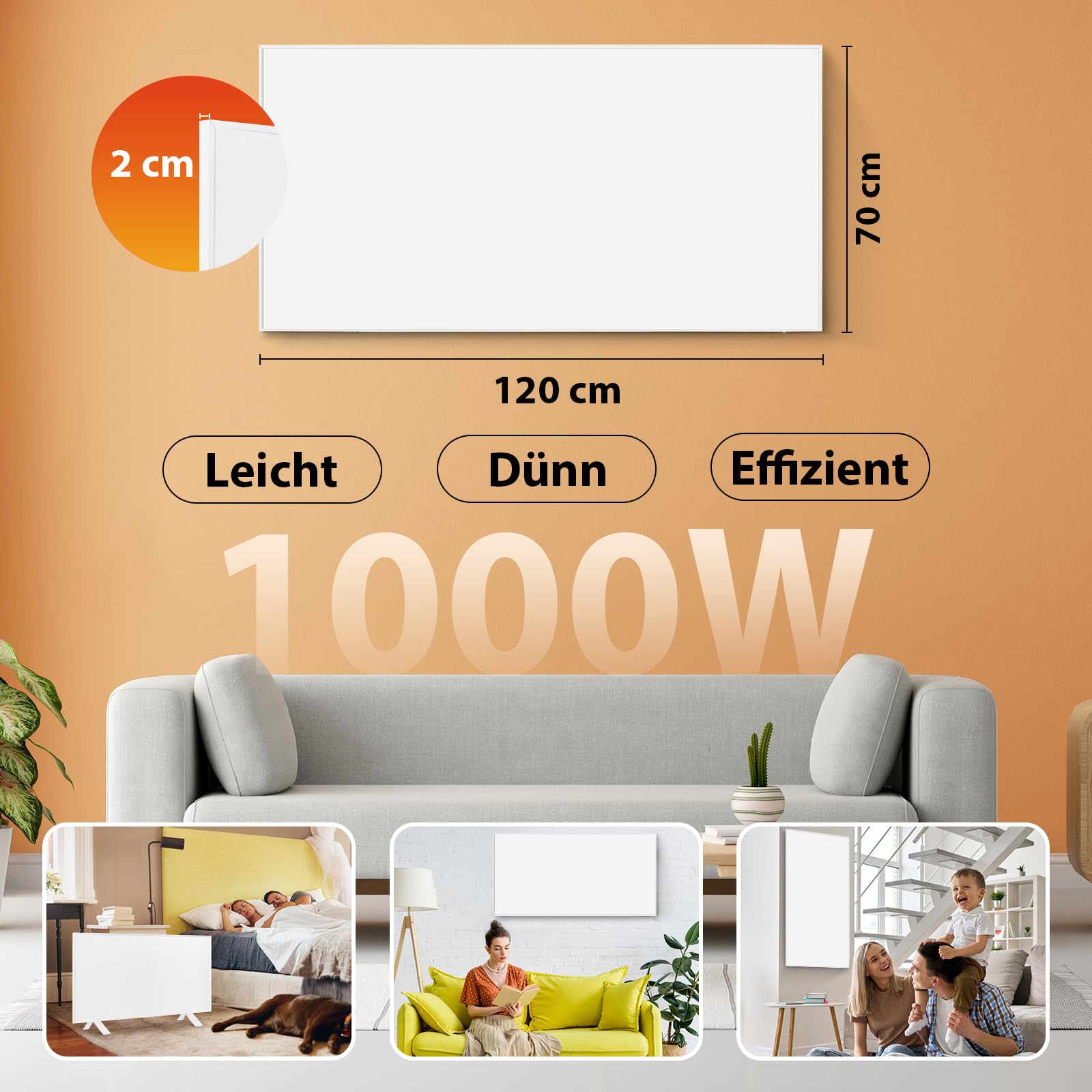 Infrarotheizung WiFi-Steuerung 1000 W - Bodenstehend, an der Wand montiert, Infrarot-Heizung energiesparend, mit Fernbedienungsthermostat