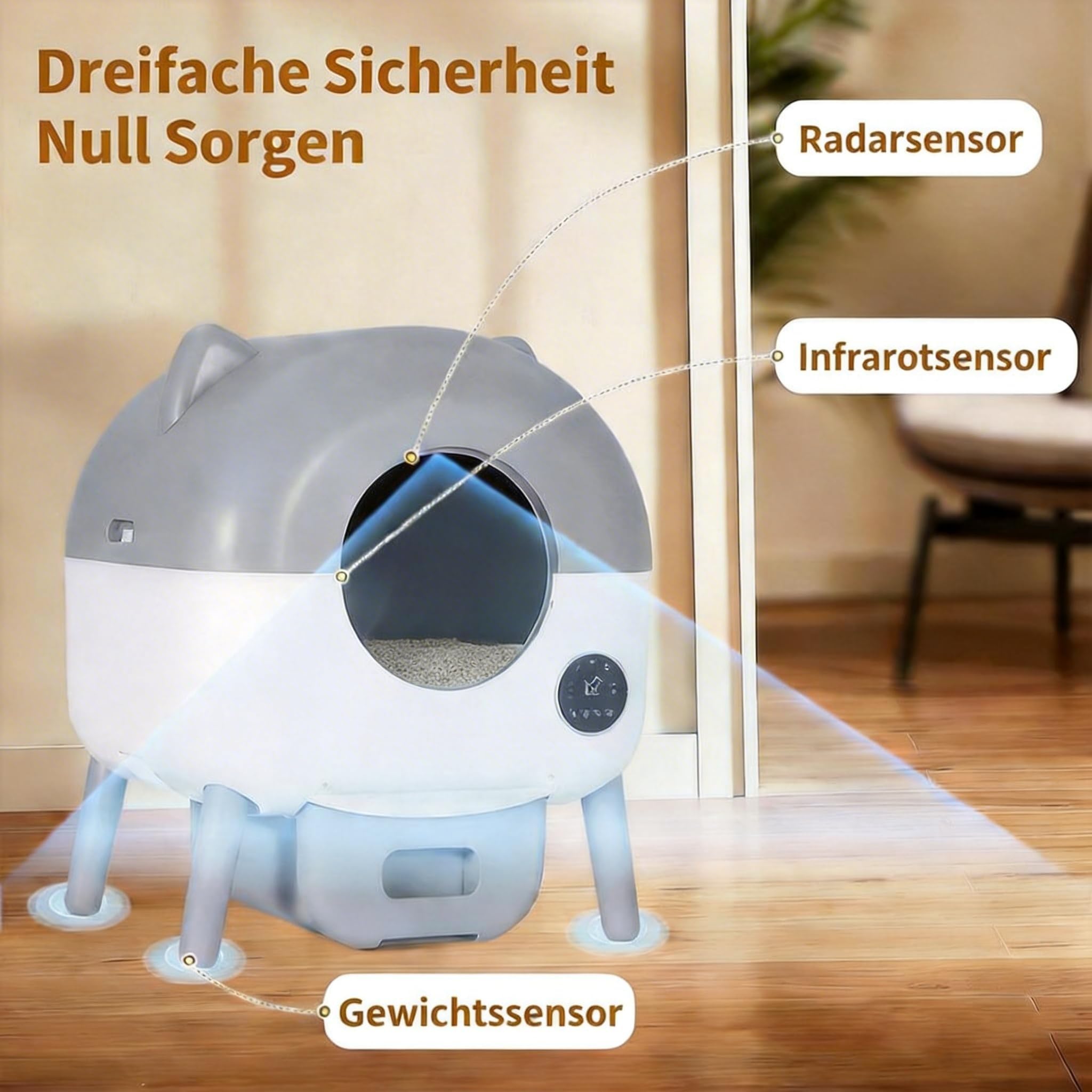 Selbstreinigende Katzentoilette, 76L Automatisches Katzenklo mit App-Steuerung & Sicherheitsschutz, Großes Volumen für Mehrkatzenhaushalte, Einstellbares LED-Nachtlicht, inkl. 1 Rolle Müllbeutel