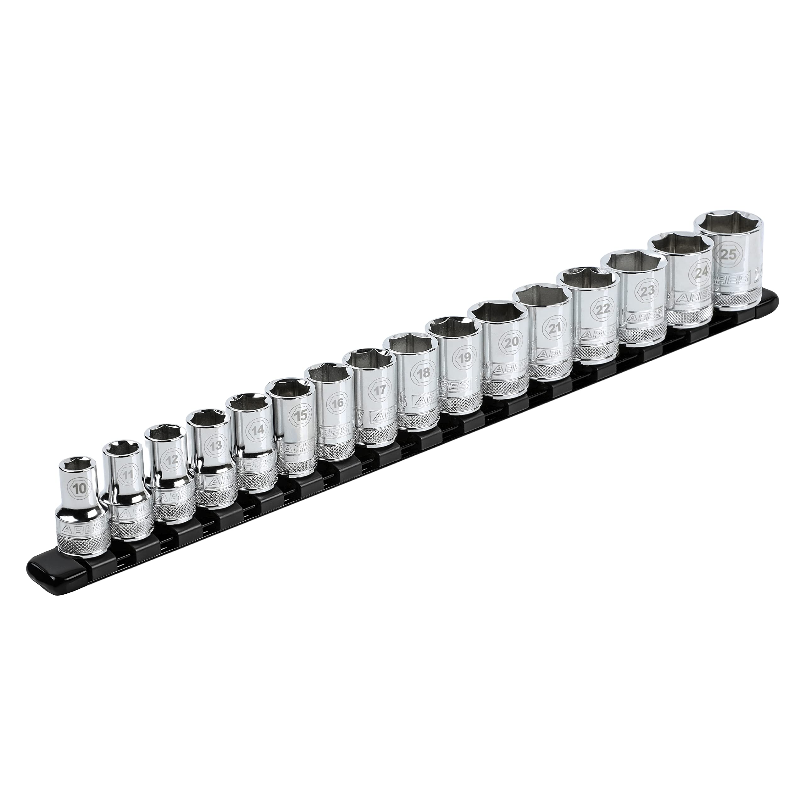 ARES 70086 - Riel de enchufe negro de 1/5.1 cm | Número de pieza: 70086; almacena hasta 16 enchufes y mantén tu caja de herramientas organizada