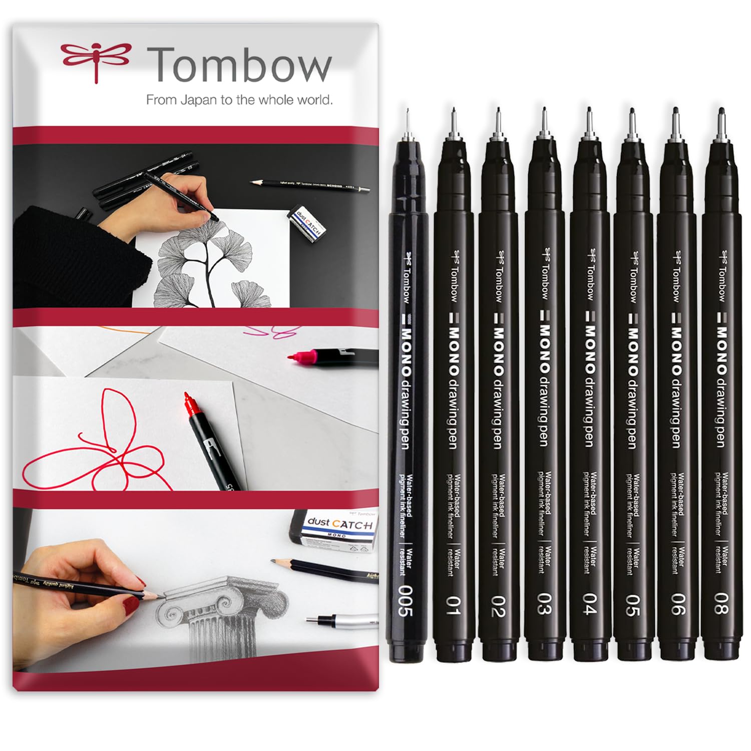 Tombow MONO Drawing Pen Fineliner - Water and Light Resistant - 0.05-0.8mm - Black Ink - Pack of 8 In Envelope Gift Packaging