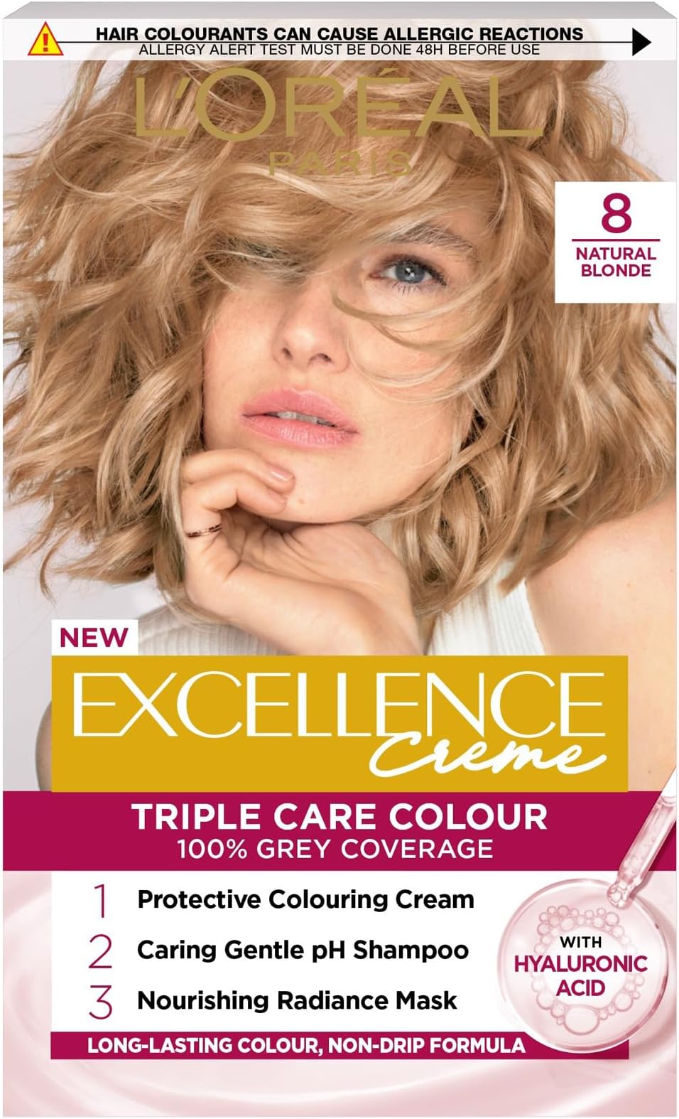 Excellence Créme 8 Natural Blonde: Hyaluronic Acid for 10x Nourished, 2x Shinier Hair & 100% Grey Coverage. Experience vibrant, radiant natural blonde with lasting colour and strength.