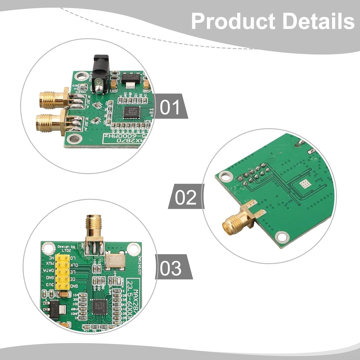 Close-up views of the MAX2870 module from different angles, highlighting connectors and components.