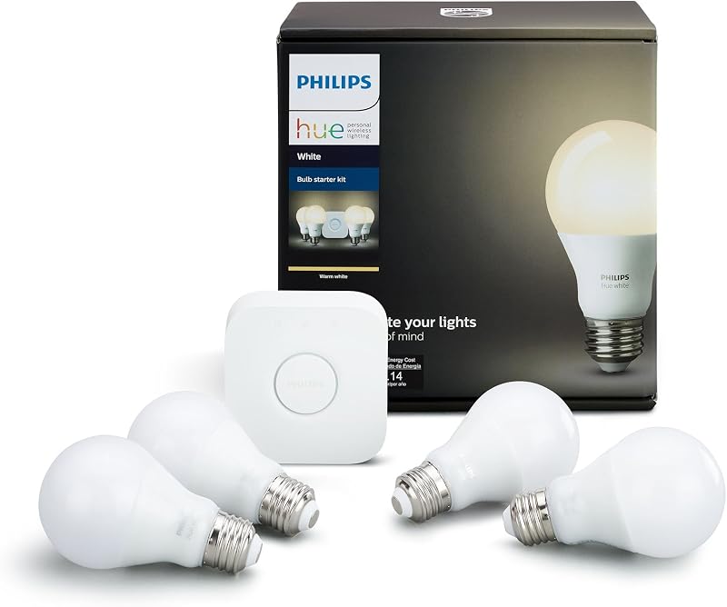 Hue White A19 60W Equivalent LED Smart Bulb Starter Kit (4 A19 White Bulbs and 1 Hub Compatible with Amazon Alexa Apple HomeKit and Google Assistant)