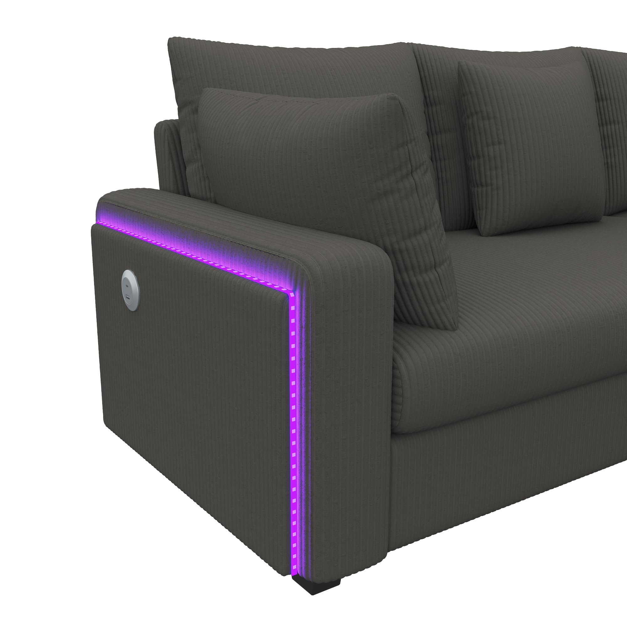 Sapgaks Canapé Convertible en L avec LED et USB C, Canapé d'angle Convertible en Velours Côtelé avec Coussins et Accoudoirs, Canapé Modulable Multifonctionnel au Salon Appt, Gris