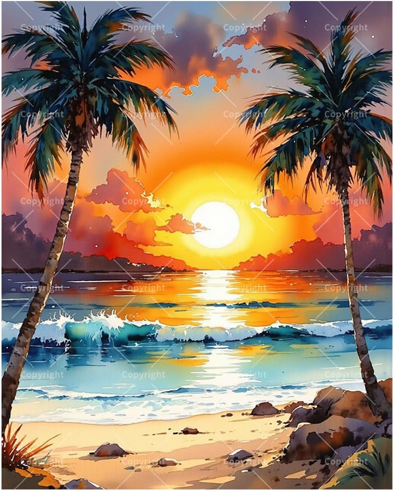 Seascape Paint by Numbers Kit for Adults - DIY Tropical Beach Sunset with Palm Trees Painting on Canvas, Acrylic Paint Set, Suitable for Beginners, Art for Home Decoration or Gifts(16X20IN Framed)