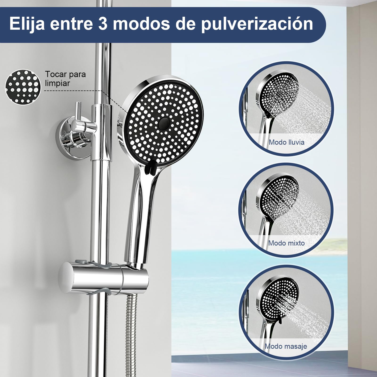 Sistema de ducha con termostato ducha de lluvia de acero inoxidable ducha de mano de 25 cm 3 tipos de chorro juego de grifería de ducha altura ajustable con protección anti-escaldaduras