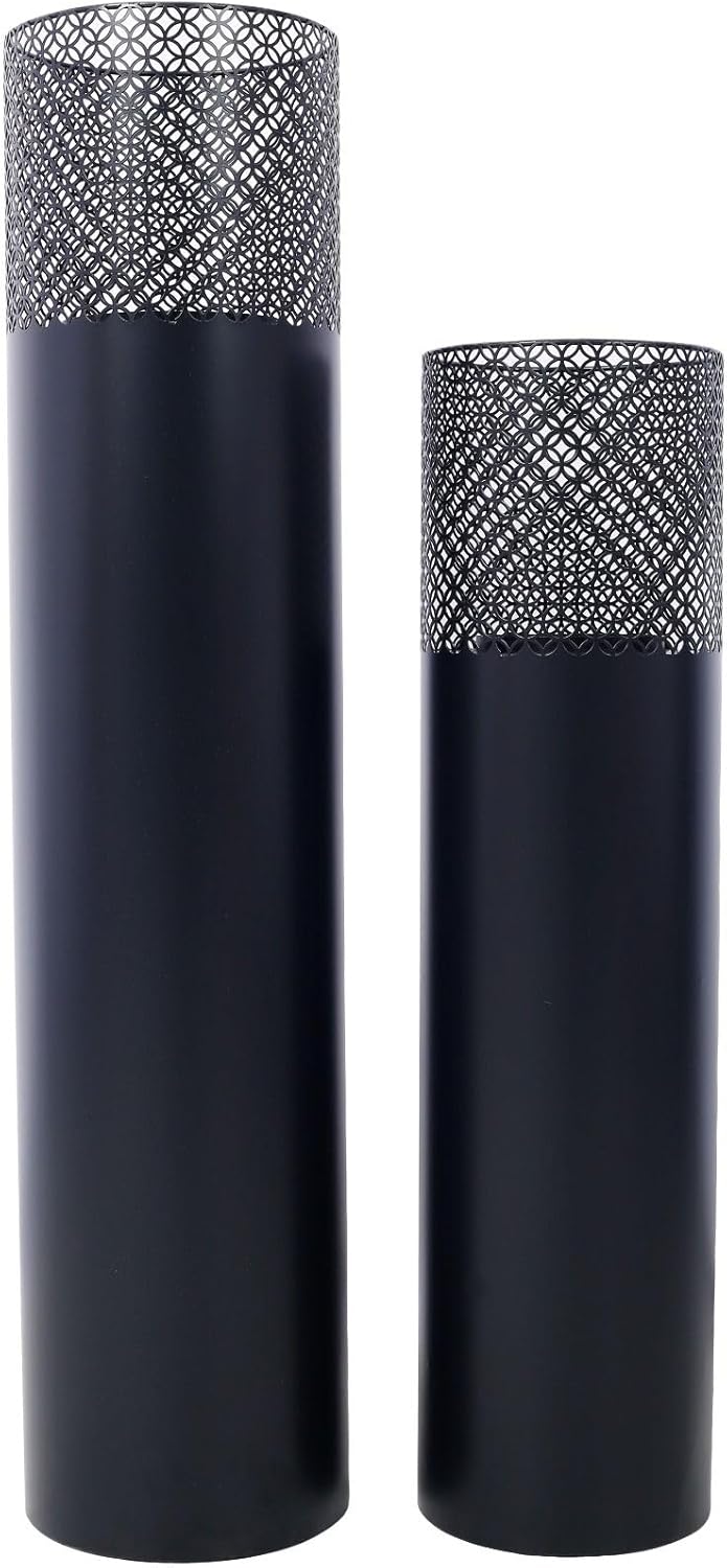 Set of 2 Metal Cylindrical Lanterns with Mesh Top Design, Tall Decorative Candle Holders, Indoor/Outdoor Industrial Design Decorative Fire Pillars, Black