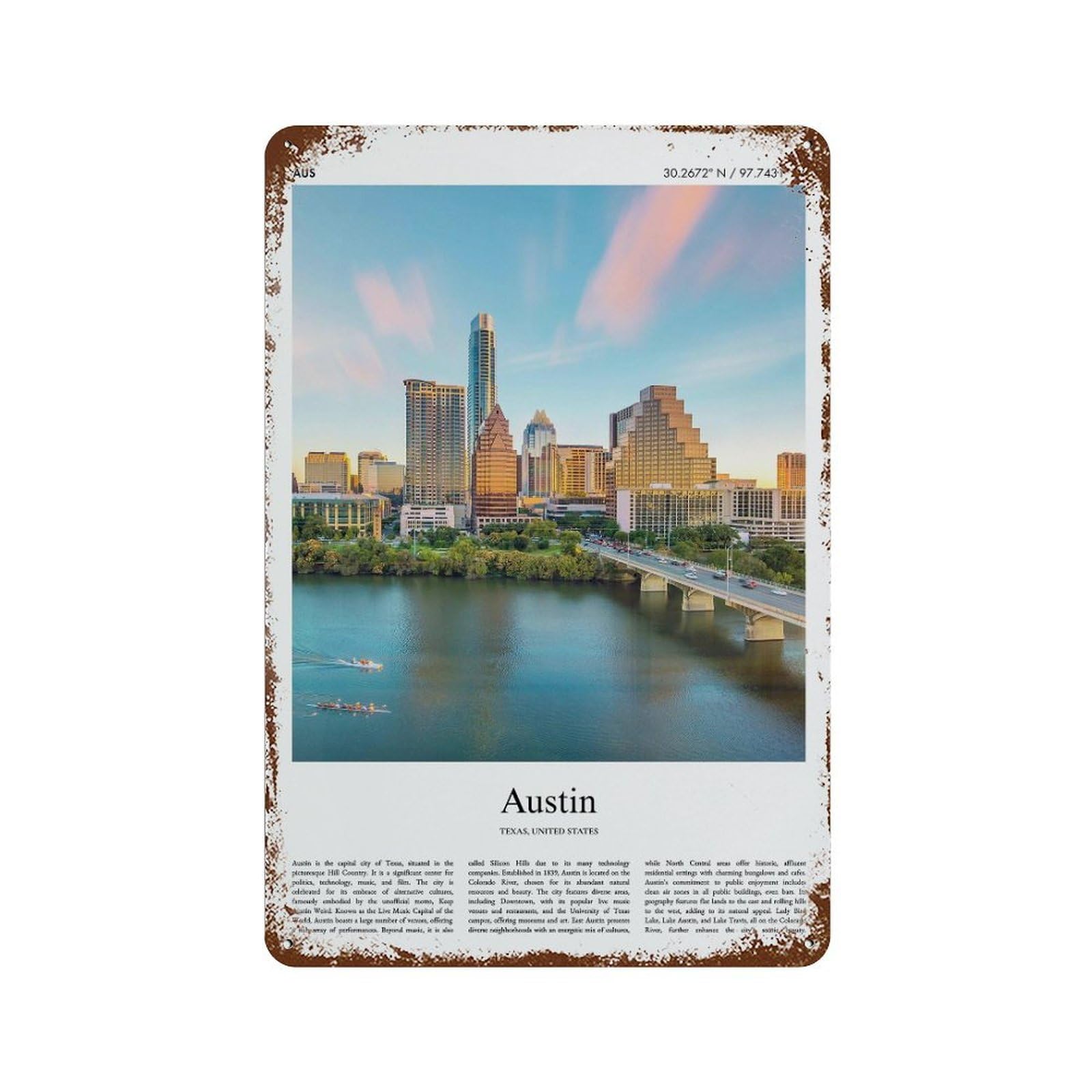 xiaoxiaoshen Austin Texas, United States, USA City Scenery Wall Decor Art Metal Tin Poster Modern Home Decor Art Home Bar Shop Decorations Vintage Sign 30x20cm