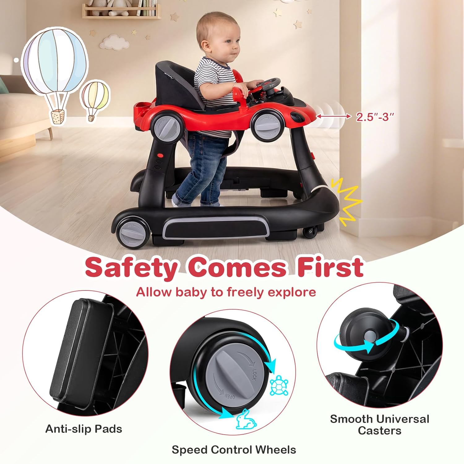 BABY JOY 7-in-1 Baby Walker, Foldable Baby Walker and Bouncer Combo with Handle, Adjustable Height & Speed, Music, Lights, Rocker/Push Mode, Baby Walker with Wheels for Boys Girls 7-18 Months (Red)