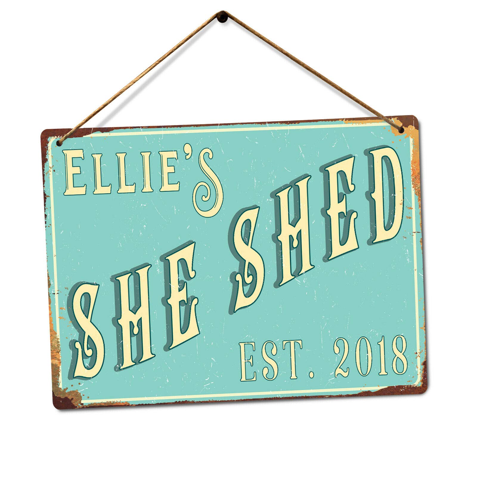 Personalised SHE SHED - Custom Name - Teal – Medium Twine | Printed Metal Wall Sign Plaque