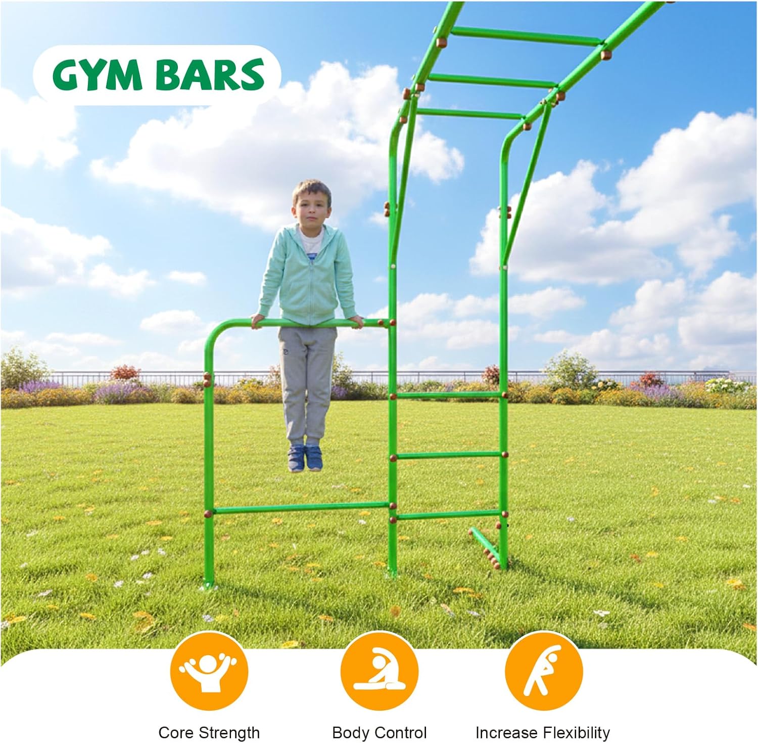 Outdoor Monkey Bars for Kids,Metal Swing Sets for Backyard with 4 Rings Climbing Rope,Monkey Bars Kit with Single Disk Outdoor Climbing Rope with Platforms,Jungle Gym for Playground, Green