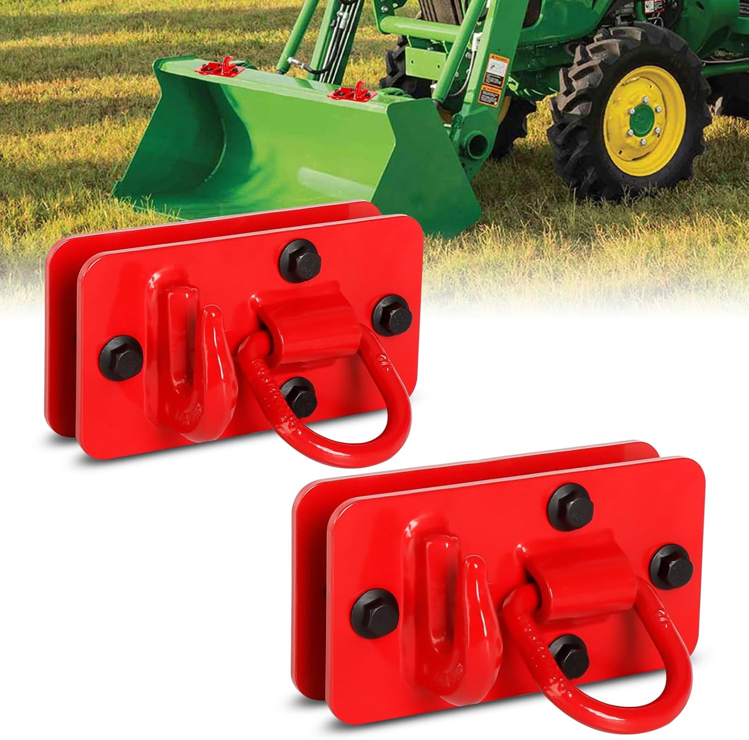2 Pack Red Tractor Bucket Hooks with Tie Down Ring, Max 15000 lbs, 70 Grade Forged Steel Bolt Grab Hook Trailer Hook Bracket with Backplate for Tractor Buckets, RV, UTV, Trucks
