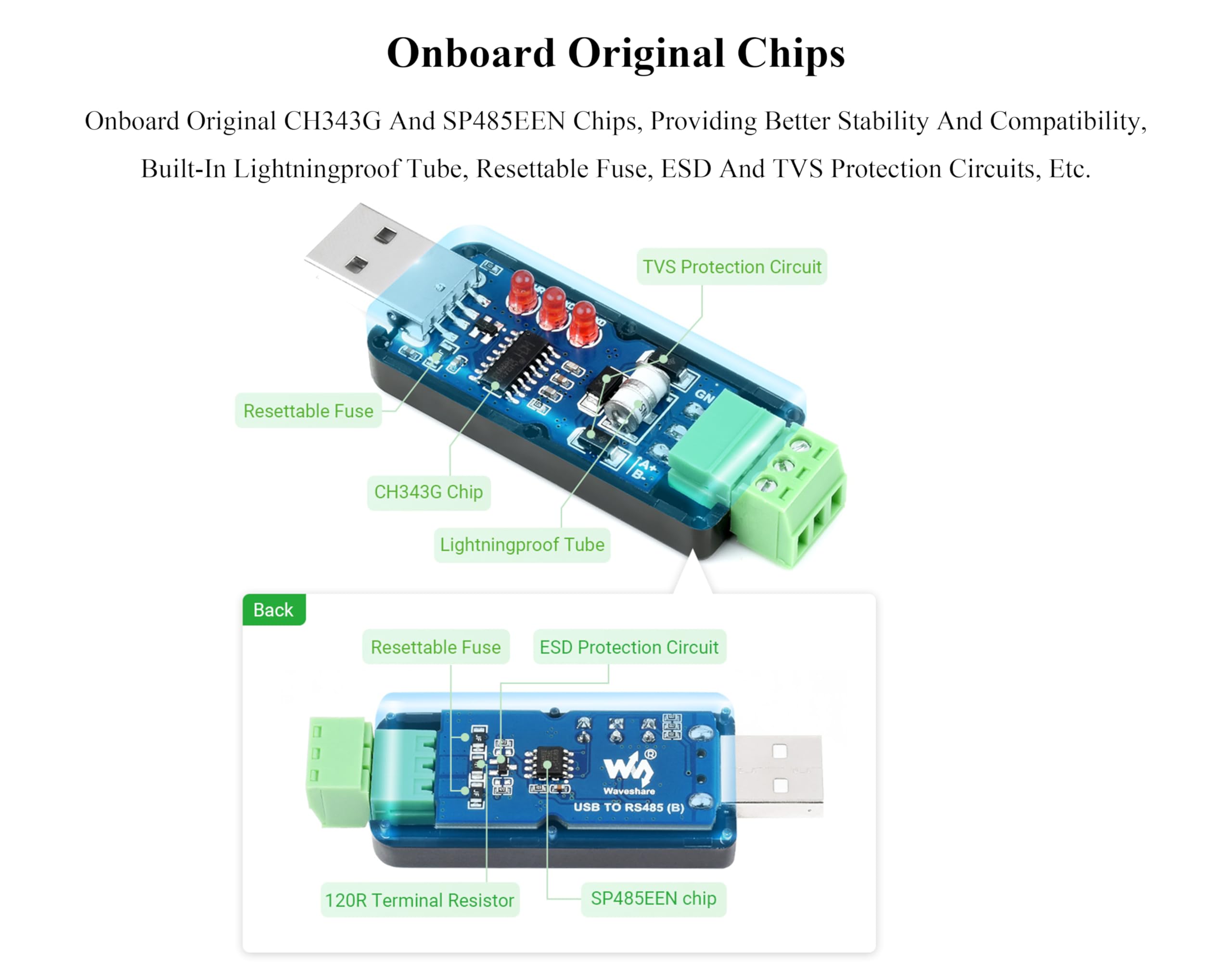 Industrial USB to RS485 Bidirectional Converter with Original CH343G, Multi-Protection Circuits, Supports Linux, Android, WinCE, Win11/10/8.1/8/7/XP, etc.