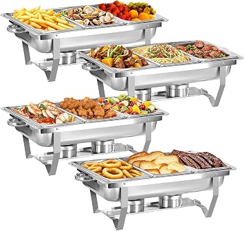 4 pack Chafing Dishes for Buffet of Stainless Steel Food Warmers for Parties | 9 QT Chafers and Buffet Warmers Sets with 1/3 size pan Commercial Catering Chafers for Event Party