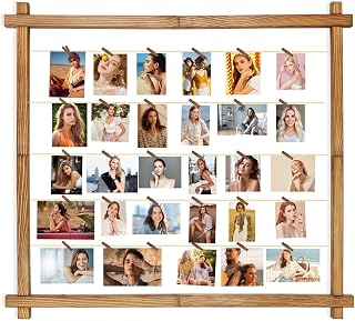 PHOENANCEE 39" Pine Wood Picture Collage Frame with Clips & Adjustable Metal Bead Strings - Hanging Photo Display Board for Dorm Wall Decor