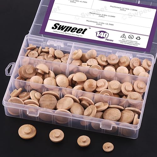 Miniatura 7 de Swpeet 140 tapones de botón de madera de 316 pulgadas, 516 pulgadas, 38 pulgadas, 12 pulgadas, tapones para agujeros de madera dura, juego de