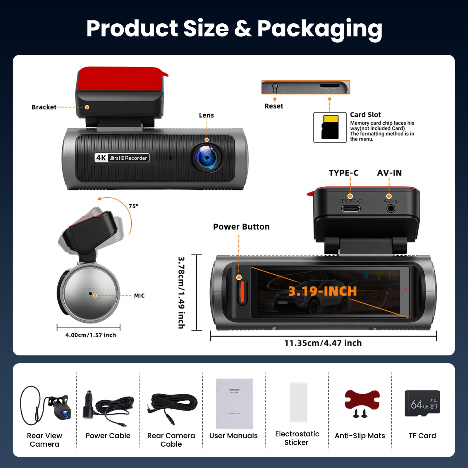 2 Canales Dash CAM, WiFi Dash CAM con 4K Delantero y Trasero, Pantalla de 3 Pulgadas, Cámara de Coche con Tarjeta 64 G/G-Sensor/Grabación en Bucle/Visión Nocturna/24h-Monitor de Aparcamiento