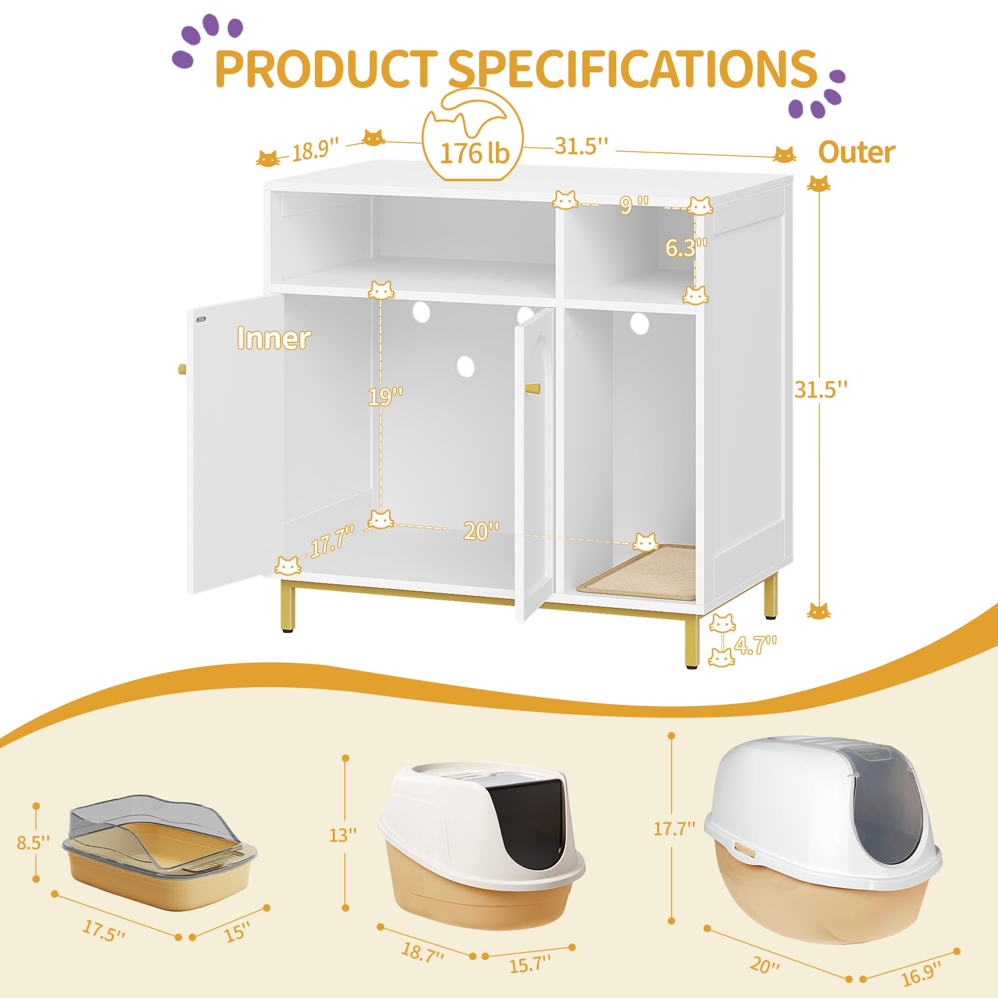 Cat Litter Box Furniture, Hidden Cat Litter Box Enclosure with Storage, Wooden Cats Cabinet with Scratch Pad, Cats House, Modern End Table for Living Room Entryway, White and Gold CB87603G - image 3