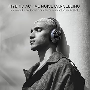 OneOdio Focus A10 - Hybrid Active Noise Cancelling Headphones, Wireless Over-Ear Headphones with 62H Playtime, Fast Charging, Hi-Res Audio, Clear Calls, Bluetooth & Wired Mode for Travel Work