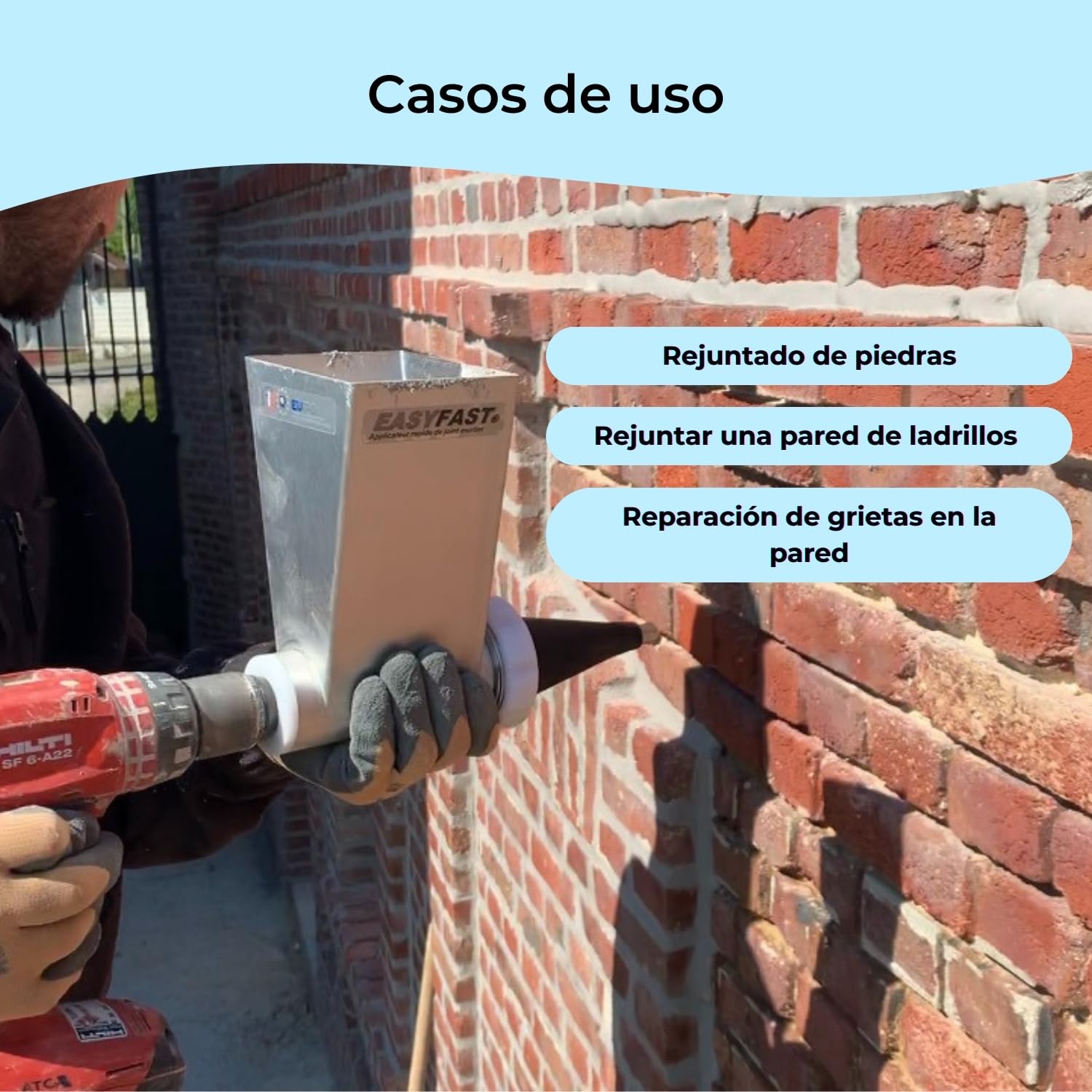 EASYFAST Aplicador de juntas de mortero para piedra y ladrillo con taladro – precisión profesional y limpieza rápida