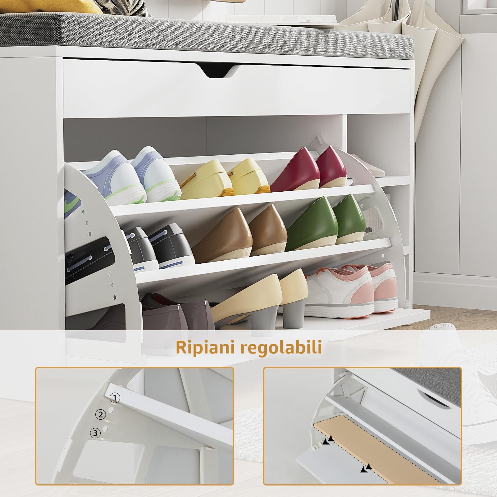 VOWNER Scarpiera Salvaspazio, Scarpiera Ingresso Slim, Panca da Ingresso, Regolabili, Con Scomparti, 100 x 30 x 55 cm, Bianco