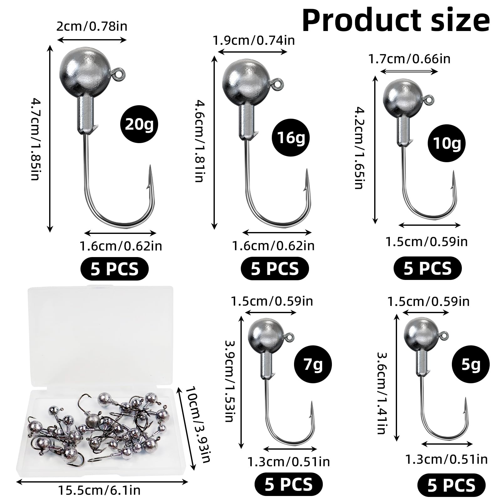 25 pz Testine Piombate Spinning, Teste Piombate Gancio Ami da Pesca per Esche Morbide Testa di Jig da Pesca Esche da Pescas In Metallo Esca da Jigging 20g,16g,10g,7g,5g