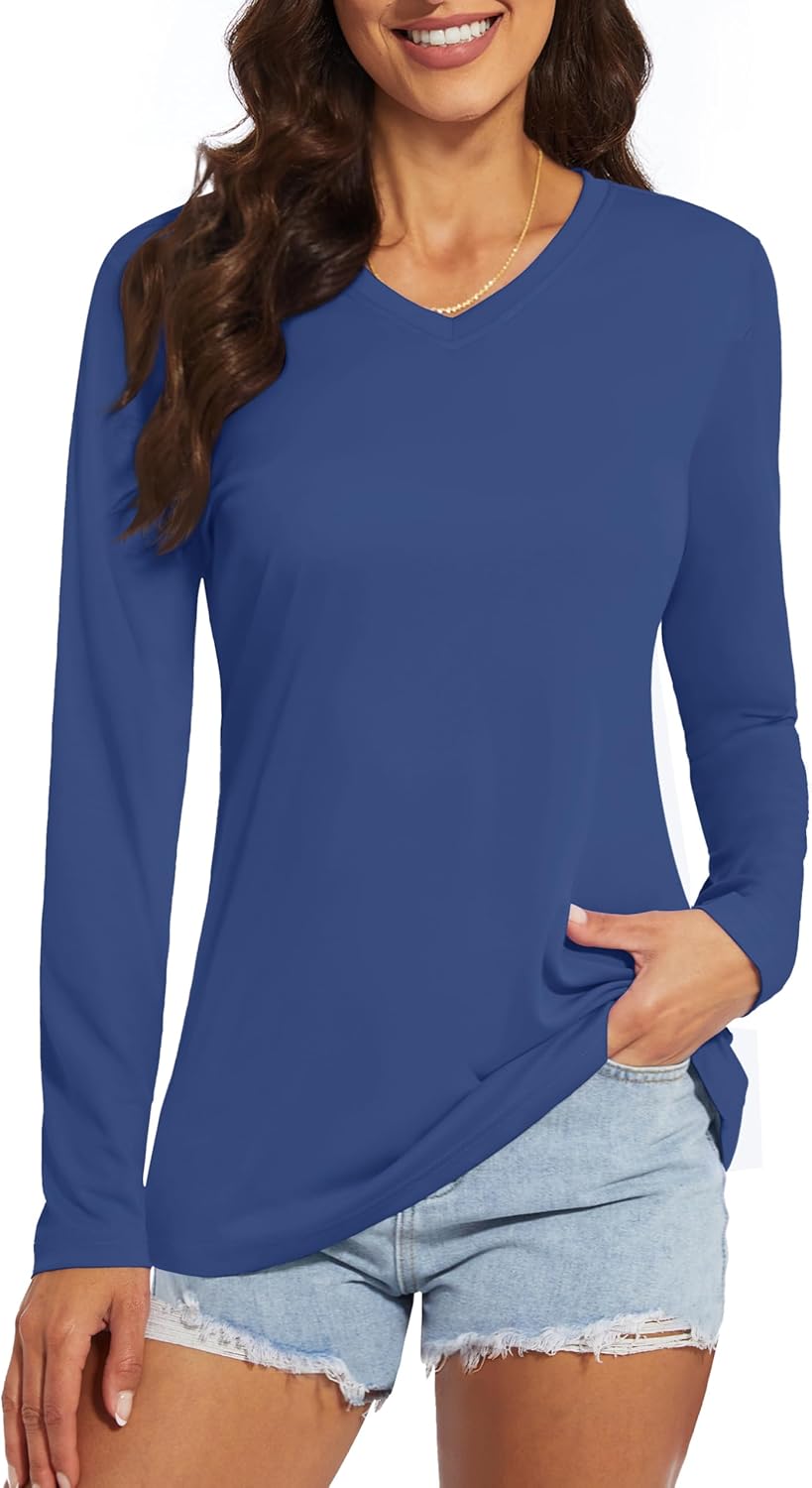 Women's Long Sleeve V Neck Workout Tops UPF50+ Sun Protection Moisture Wicking Lightweight Swim T-Shirts