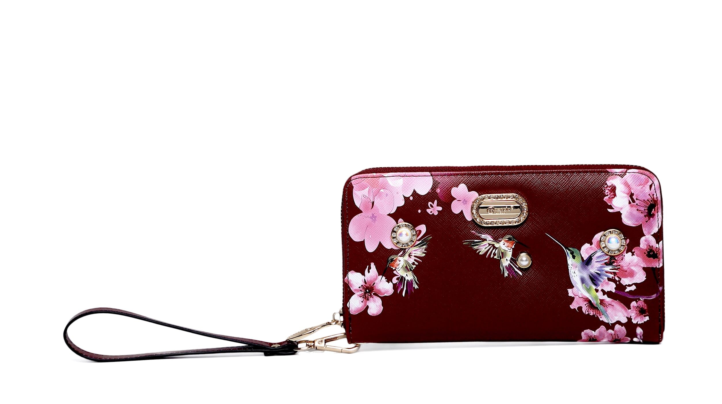 BRANGIO Royal Bloom Women's Zippered Wallet, Designer Wristlet with Floral Print and Crystal Embellishments (Burgundy)