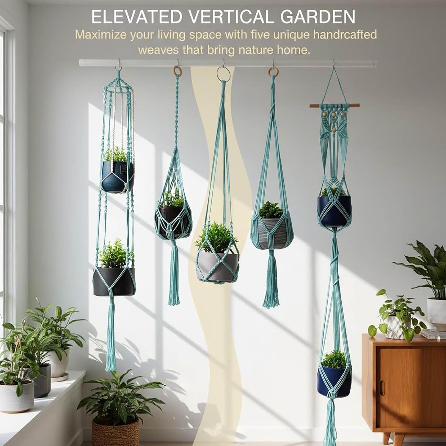 5 Packs Bohemian Macrame Plant Hangers, Handmade Cotton Rope Hanging Basket for Flower Pot, Indoor Hanging Planters for Balcony/Indoor Decoration, Boho Home Decor, Multiple Designs (Mint Blue)