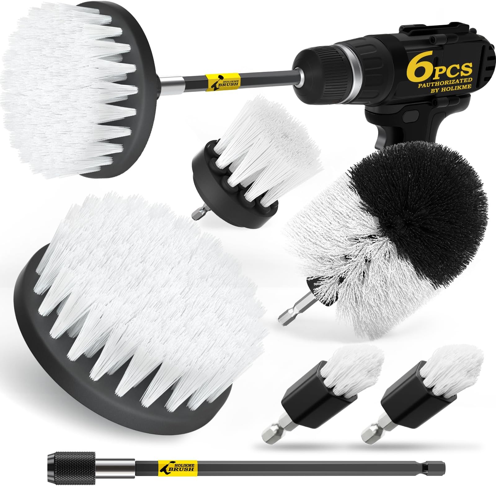 6Pack Drill Brush Power Scrubber Cleaning Brush Extended Long Attachment Set All Purpose Drill Scrub Brushes Kit for Grout, Floor, Tub, Shower, Tile, Bathroom and Kitchen Surface White