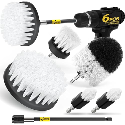 Holikme 6Pack Drill Brush Power Scrubber Cleaning Brush Extended Long Attachment Set All Purpose Drill Scrub Brushes Kit for Grout, Floor, Tub, Shower, Tile, Bathroom and Kitchen Surface White