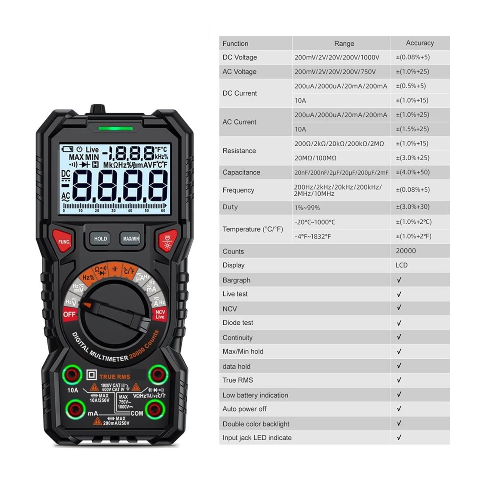 20000 Zliczeń Multimetr Cyfrowy Automatyczny Zakres Dokładnie Mierzy 1000V 10A AC DC Ohm Hz NCV Miernik Temperatury Napięcia Na Żywo Bezpieczny, Praktyczny, DokłAdny