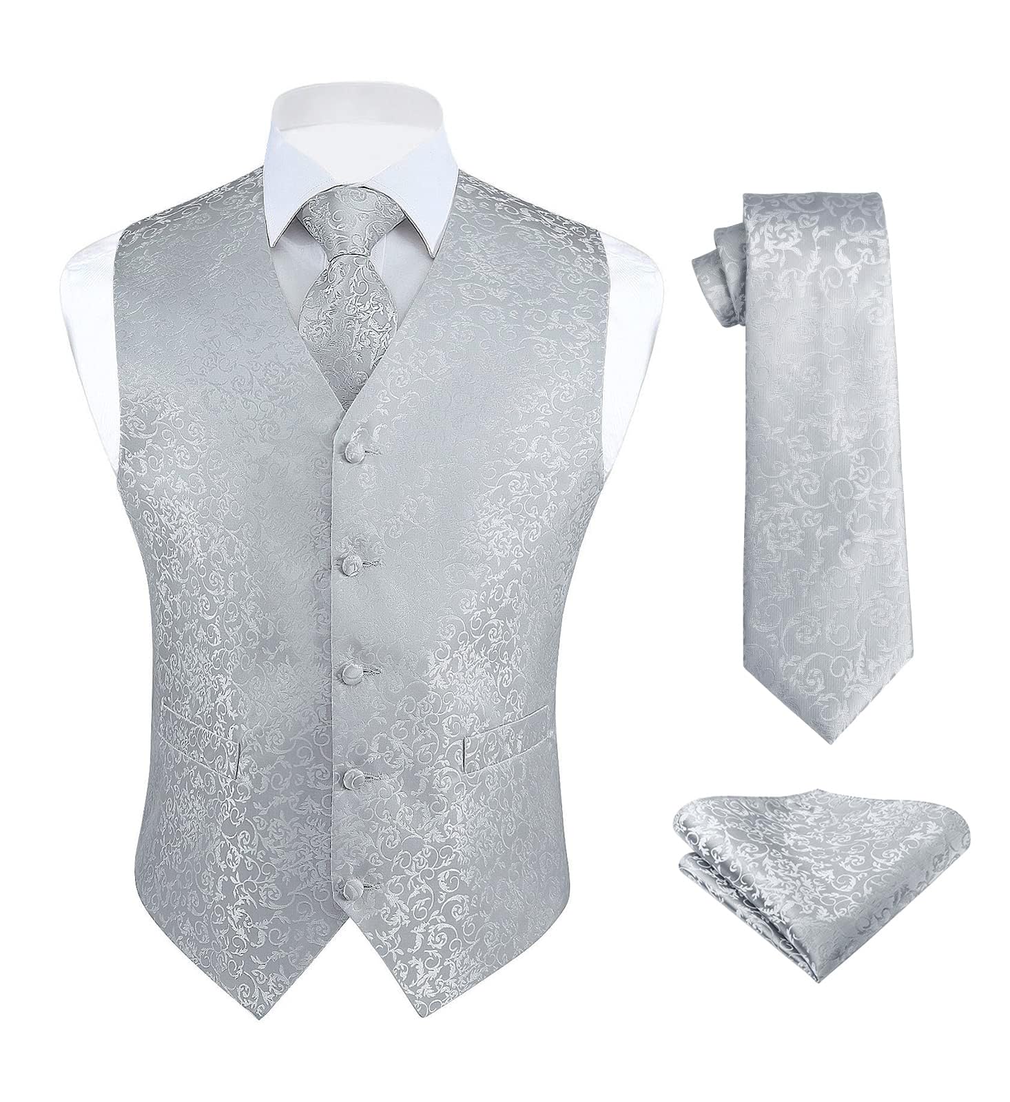 HISDERN Mens Vest Tie Set 3PC Formal Waistcoat Paisley Floral Jacquard Necktie Pocket Square Suit Vests Wedding Party