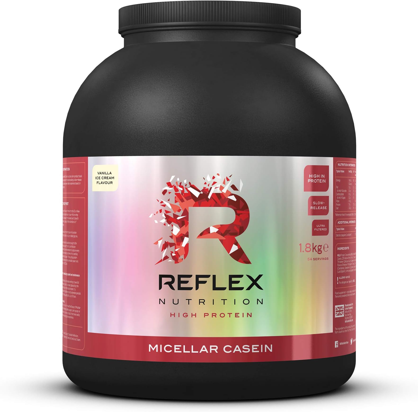 Reflex Nutrition Micellar Casein Slow Release Protein Powder 24g Protein 3.6g Carbs 0.5g of Fat 80% Micellar casein (Vanilla) (1.8kg)